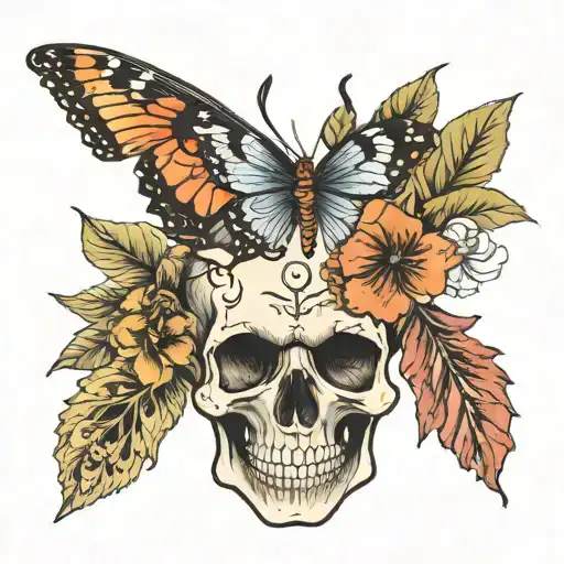 Skull With 4 Flowers And 1 Butterfly