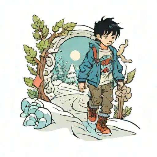 Boy With Black Hair And Colorful Tattoos Walking Through Snow