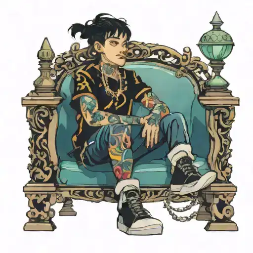 Boy With Black Hair And Colorful Tattoos Sitting On A Throne