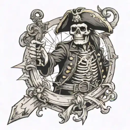 Skeleton Of A Pirate With A Pistol At The Helm Of A Ship