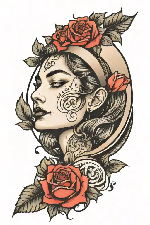 Woman Face With Moon And Rose Surrounded