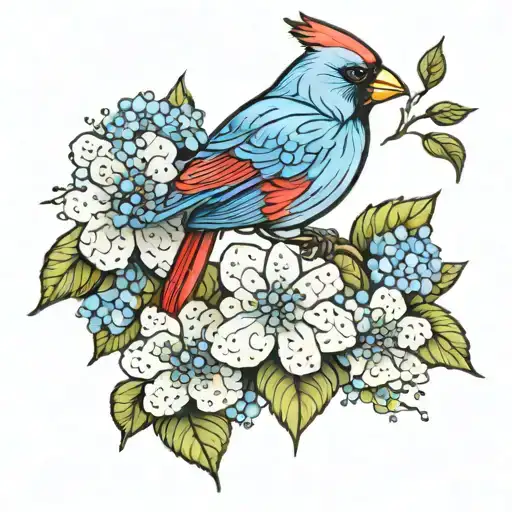Cardinal And Blue Hydrangeas