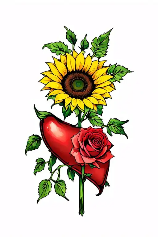 Liver With Sunflowers And A Single Red Rose Intertwined