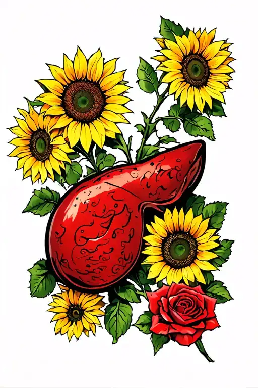 Liver With Sunflowers And A Single Red Rose Intertwined