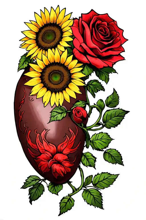 Liver With Sunflowers And A Single Red Rose Intertwined