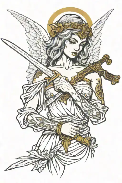 Angel Blindfold Covering Her Eyes With A Sword