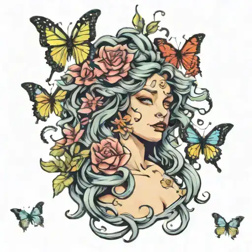 Medusa With Butterflies And Flowers