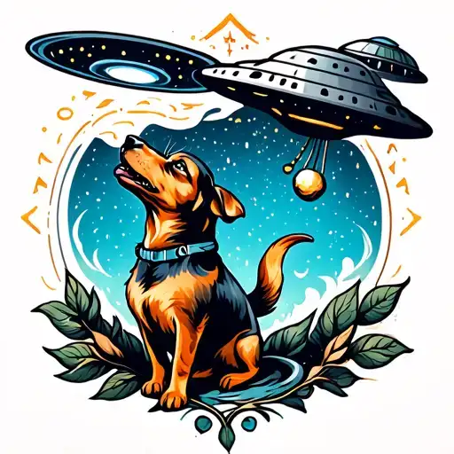 A Neotraditional Design Of A Dog Howling At A Ufo In A Starry Sky
