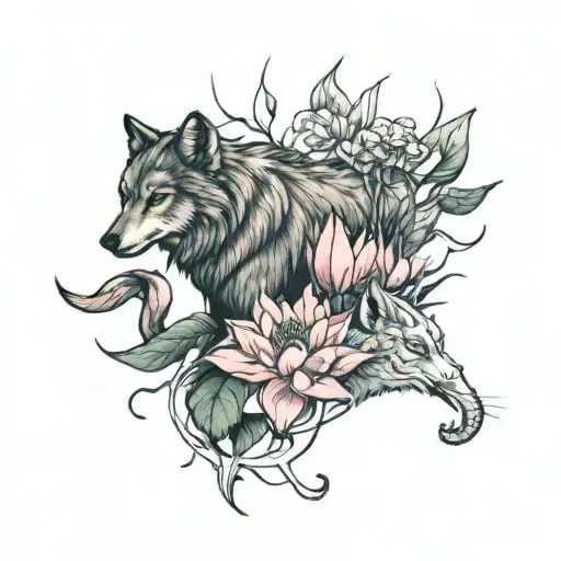 Wolf And Elephant With Lotus Lilies Orchicdeas Pink Iris