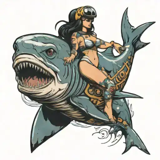 Woman In Bikini With Diving Helmet Riding A Giant Shark