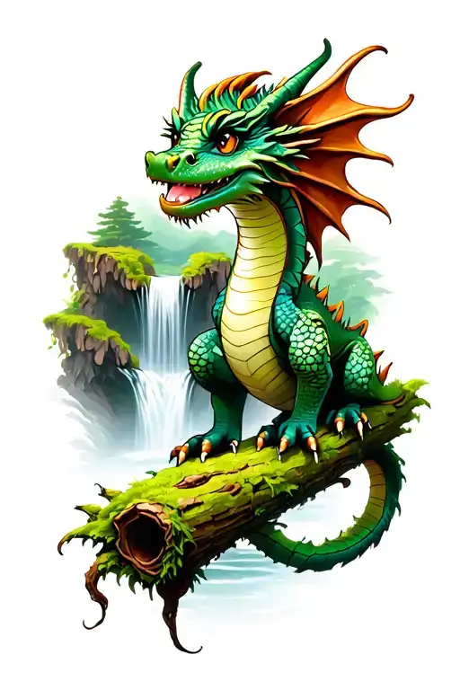 Baby Dragon On Mossy Log With Waterfall In Background