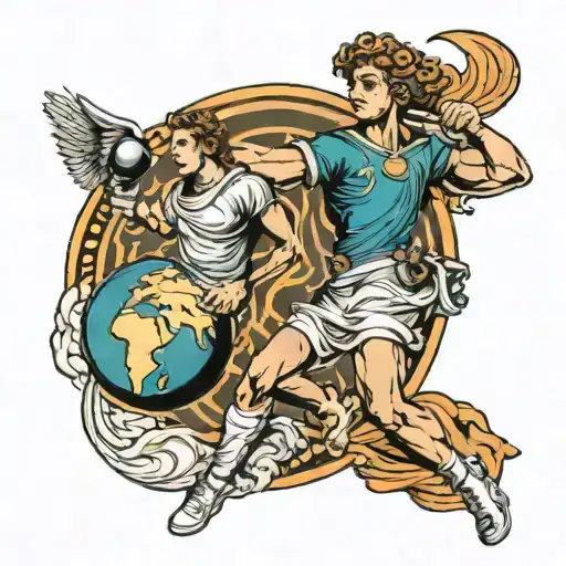 Greek God Apollo Holding Earth With Astronaut Floating In Space Above