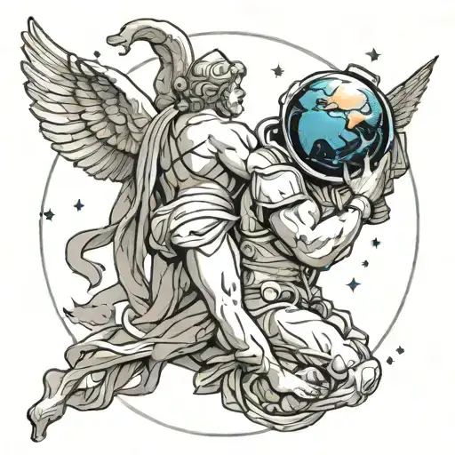 Greek God Apollo Holding Earth On His Shoulders With Astronaut Floating In A Galaxy Above