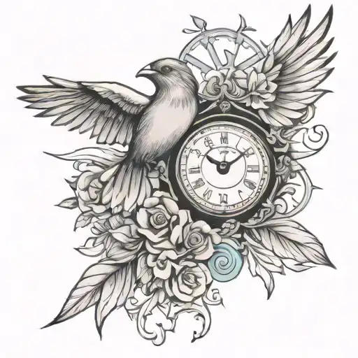 Clock And Bird Flying