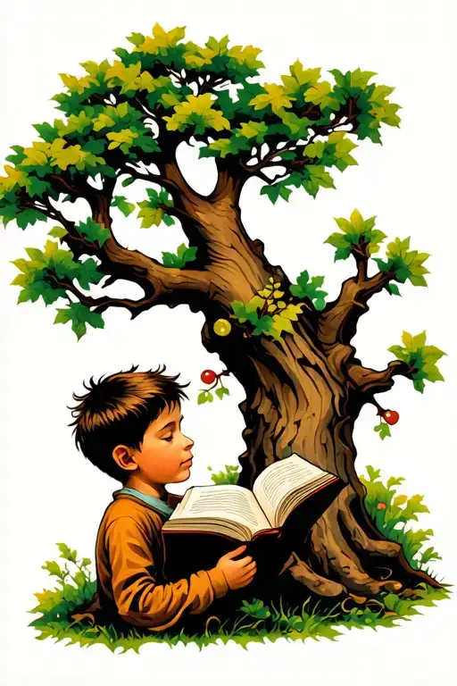 Boy Reading Under An Oak Tree Silhouette