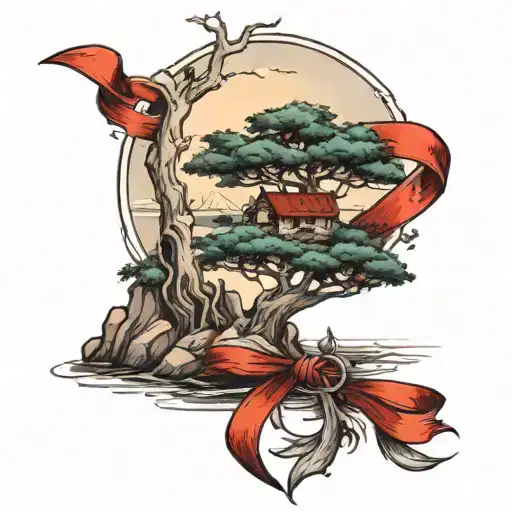 Tree With Red Ribbon On An Island In The Sea