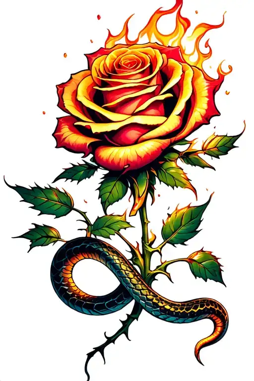 A Burnt Rose With A Snake Wrapping Up And Around The Stem As It Gets Cut By The Thorns