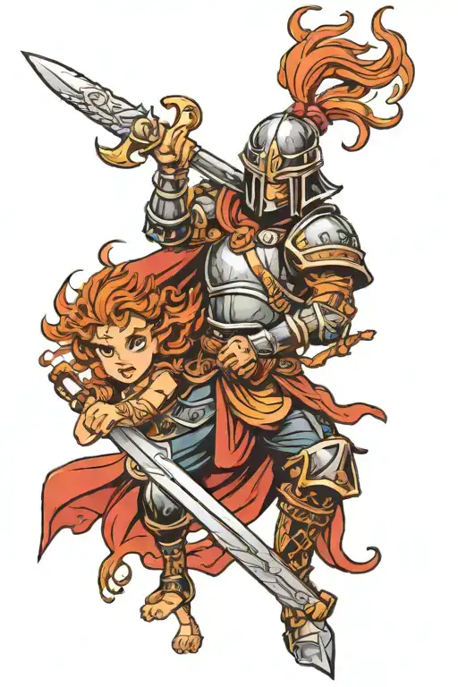 Warrior Wielding A Sword Protecting A Child