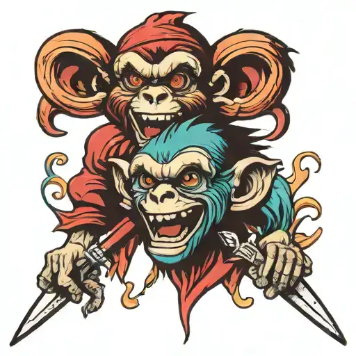 Two Monkeys One Serious One Joking Jester With Dagger