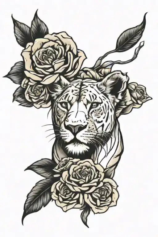 Lioness Line Tatoo With Flowers Intertwined Within