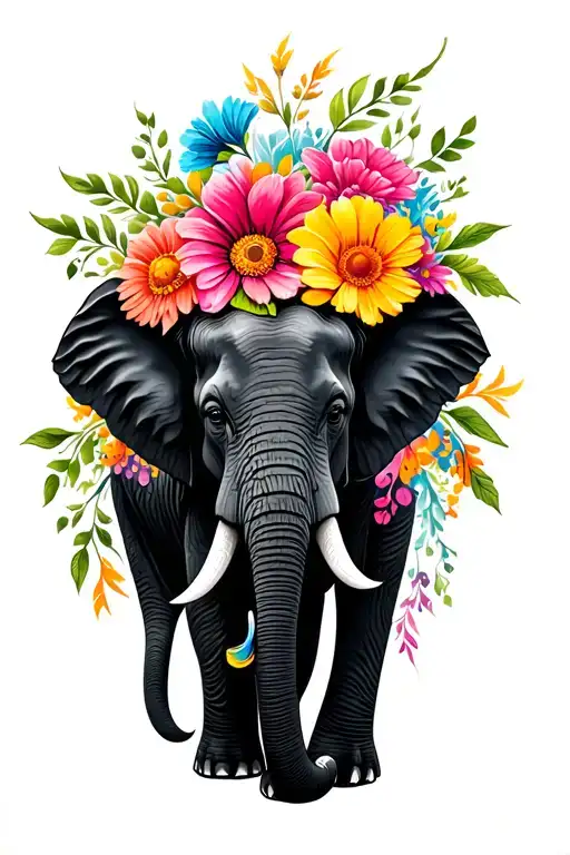 A Black Etched Elephant Engulfed By Colorful Wild Flowers