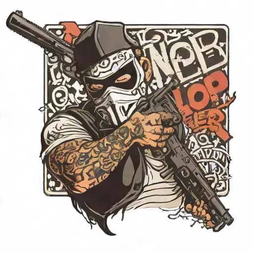 A Masked Man Holding A Gun With Graffiti Words Above Saying Cop Killer
