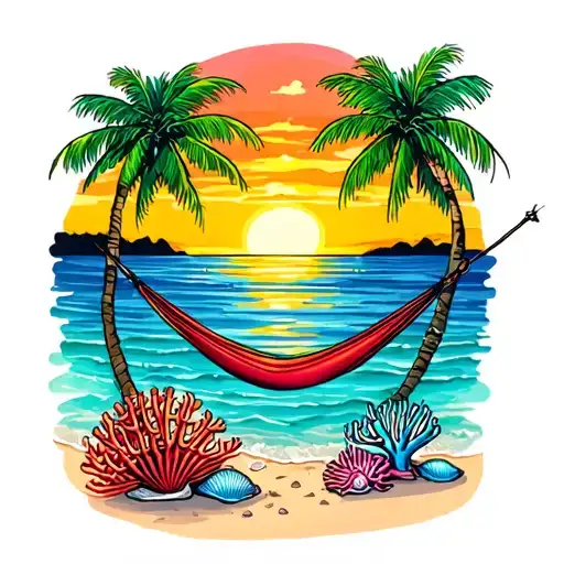 Palm Trees Hammock Beach Sunset Shells Nearby And Corals