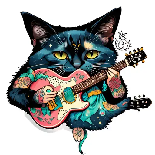 Alice In Wonderland With Tattoos Playong Guitar For Her Cat In Space