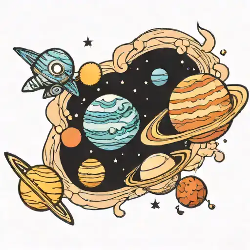 Planets Of The Solar System In A Line Down My Arm With A Spacemans Tether Going Around The Planets