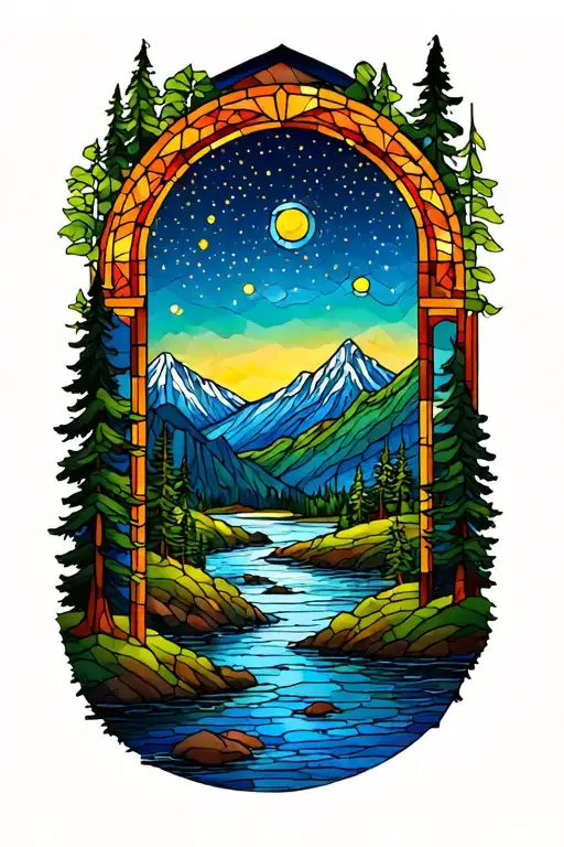 Stained Glass Starry Night Sky Mountain Scene By River