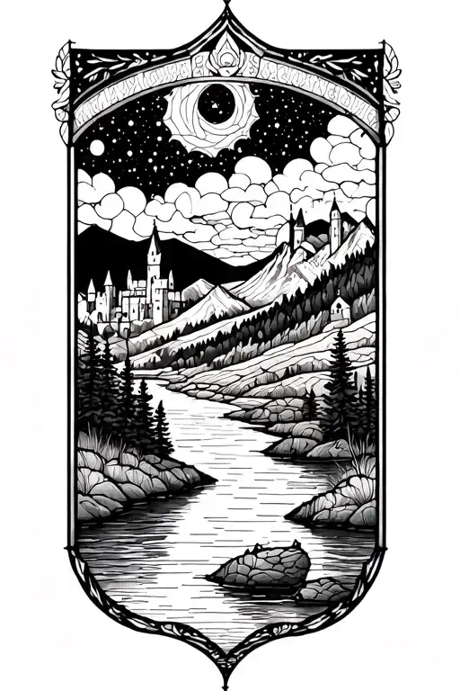 Stained Glass Starry Night Sky Mountain Scene By River And Castle