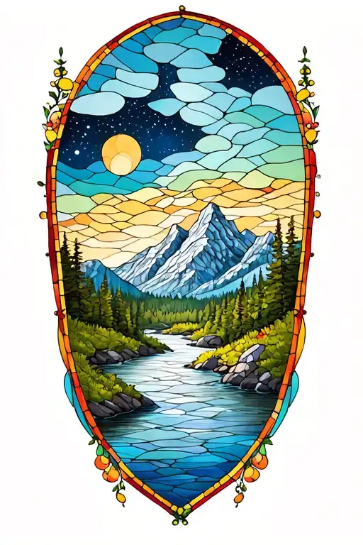Stained Glass Starry Night Sky Tall Mountain Scene By River