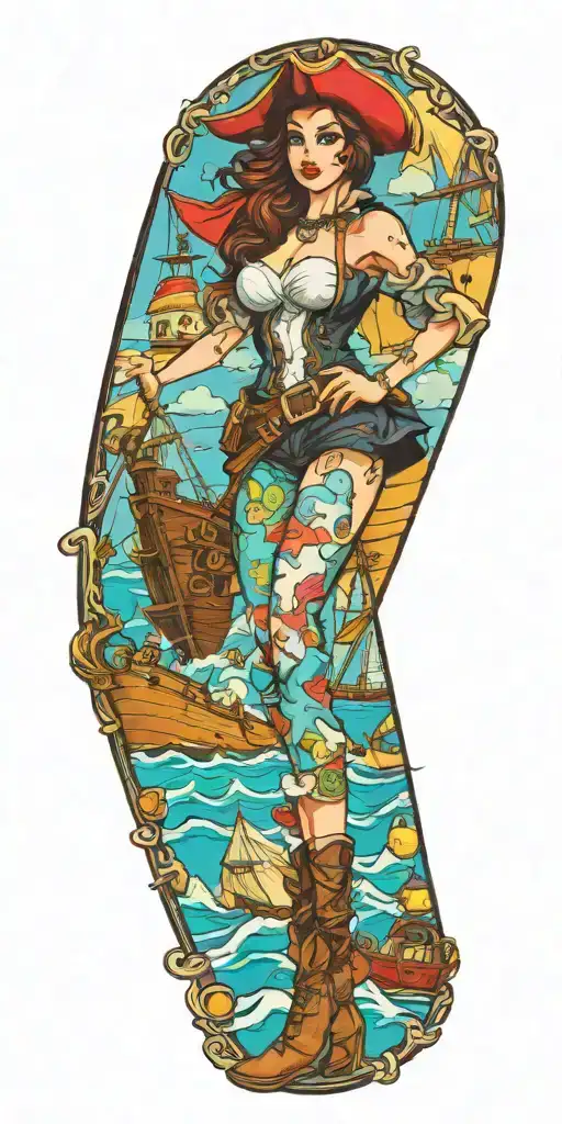 Pirate Girl Pinup With Ship Scene