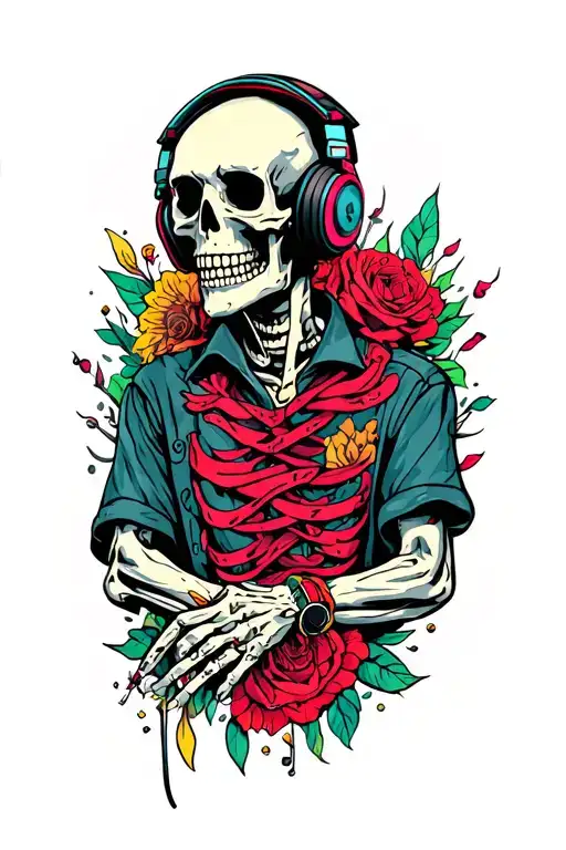 Punk Skeleton Wearing Headphones Listening To Music