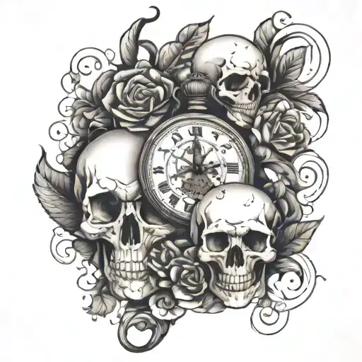 Pocket Watch And Skull Surrounded