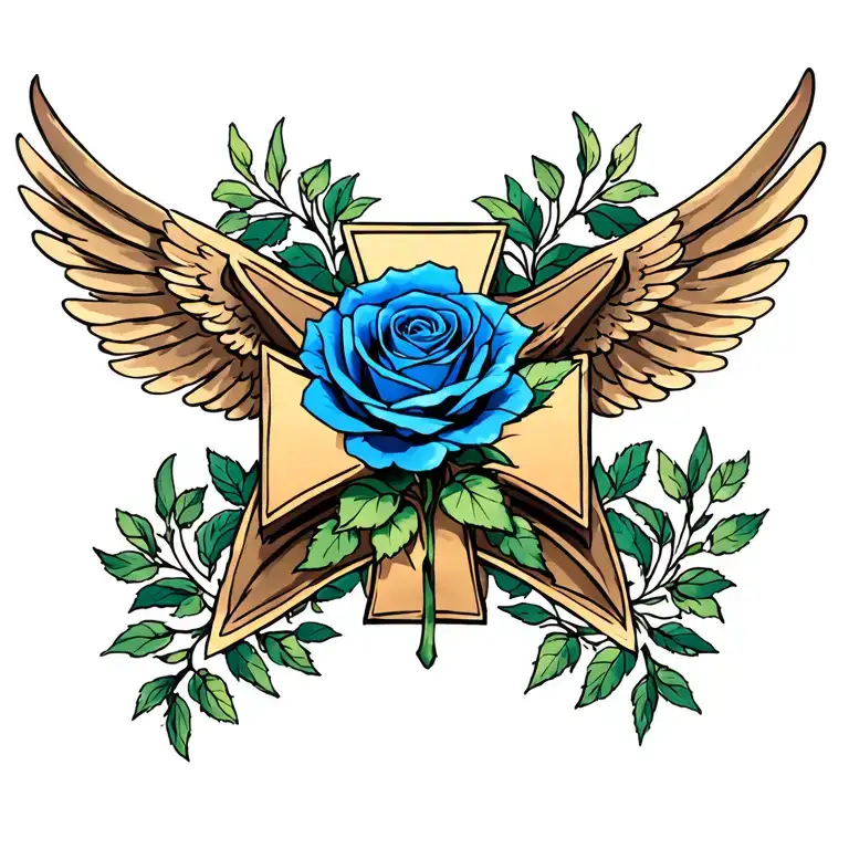 A Blue Rose In The Center Of A Cross With Three Wings On Each Side