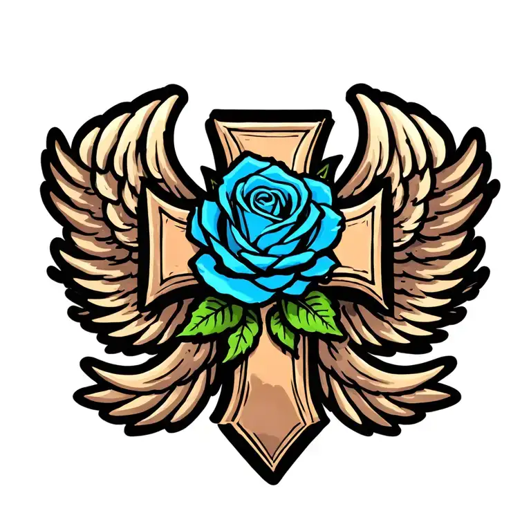 A Blue Rose In The Center Of A Cross With Three Wings On Each Side