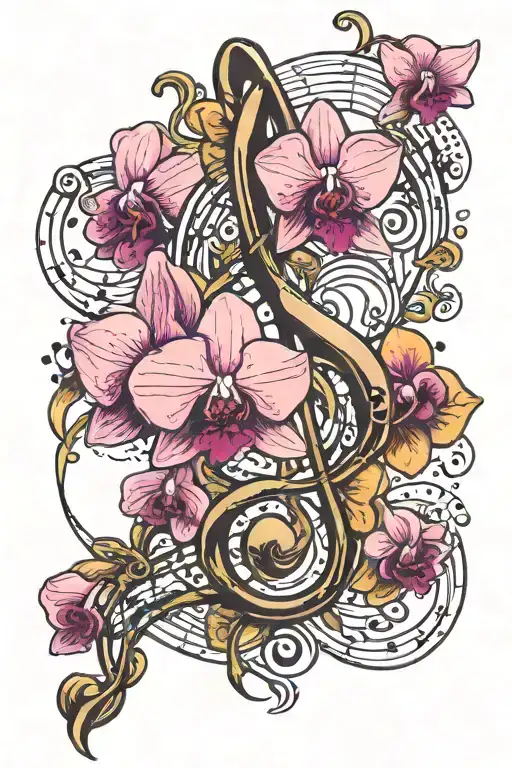 Can You Create A Tattoo With A Wild Orchid A Treble Clef Musical Notes And A Dancer