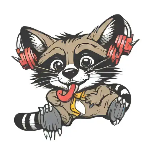 Raccoon Listening To Music In A Cartoon Style