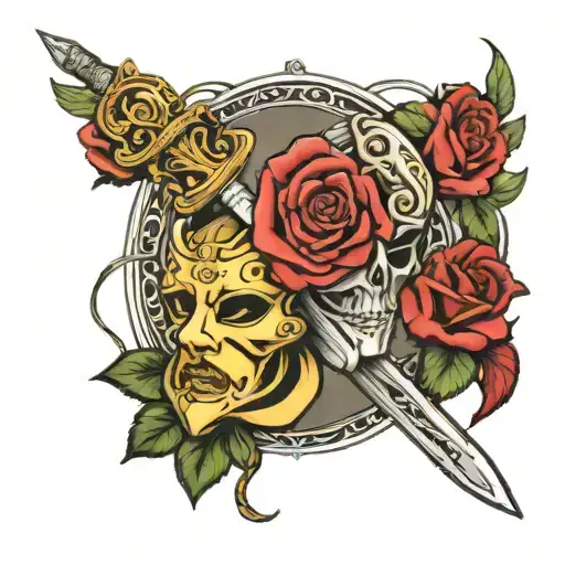 Masks Of Drama Sword And Rose In Twined With Sword