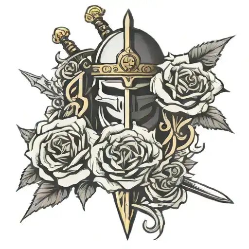 Sword In Standing Upright Masks Of Drama Either Side Rose Bud Intertwined Around The Sword