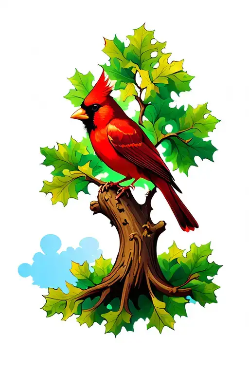 Oak Tree With Cardinal Perched