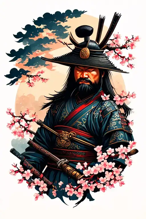 A Samurai Surrounded By Cherry Blossom Tree