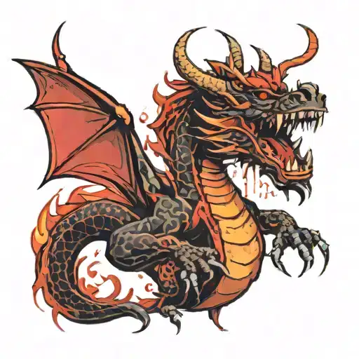 A Black And Red Dragon With A Closed Mouth And A Little Fire In The Area Of The Head And Wings