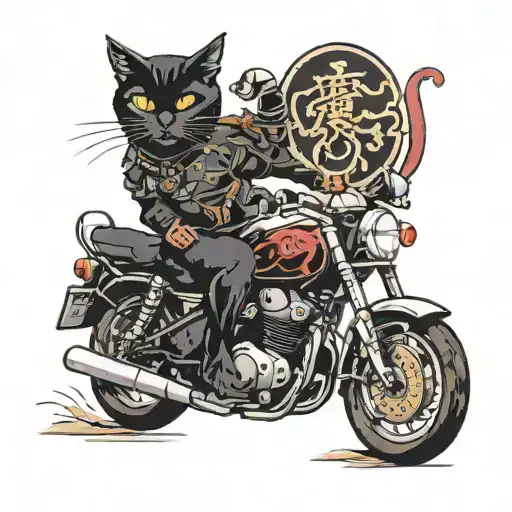 Black Cat Rides A Motorcycle While Cat In The Back Eats Notebook With Kanji Written On It