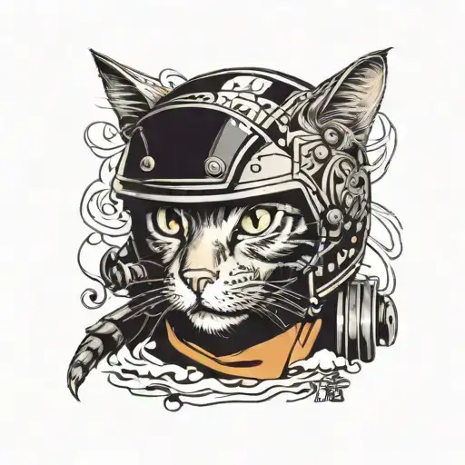 Cat With Motorcycle Helmet Eating A Notebook With Kanji Written On It