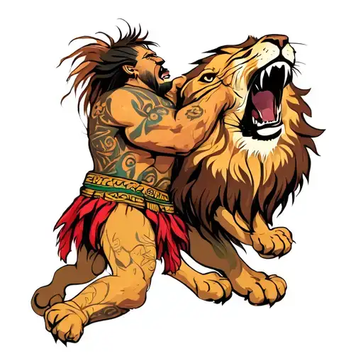 African Samson Taking Down Lion Roaring