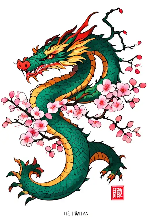 Dragon Wrapped Around Cherry Blossom Tree With Kanji For Heiwa