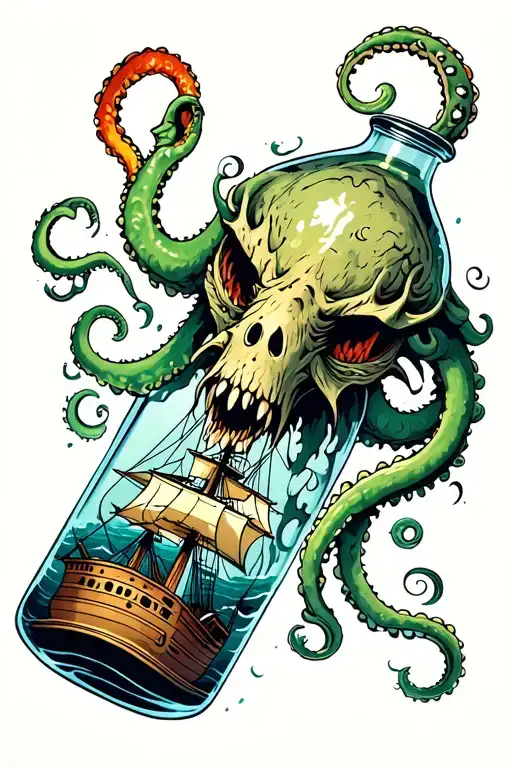 Kraken Emerging From The Depths And Grabbing A Ship In A Bottle