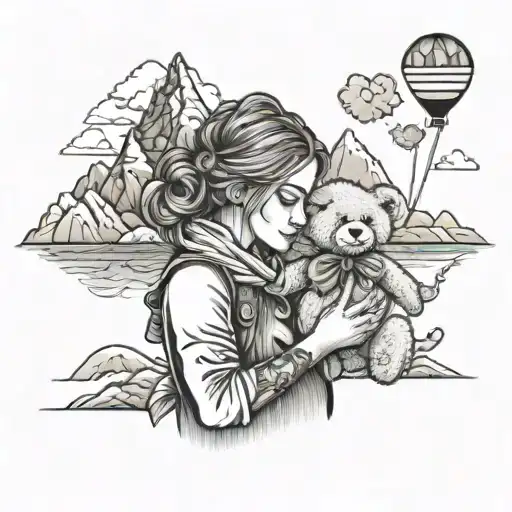 Daughter Holding A Teddy And Loveheart Baloon Looking To The Mountains